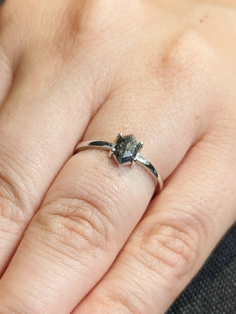 Raw Diamond, Salt and Pepper, Hexagon, Unique Engagement Ring, Rose Cut Geometric Diamond Ring, 14k Gold, 18K White Gold, Custom Handmade