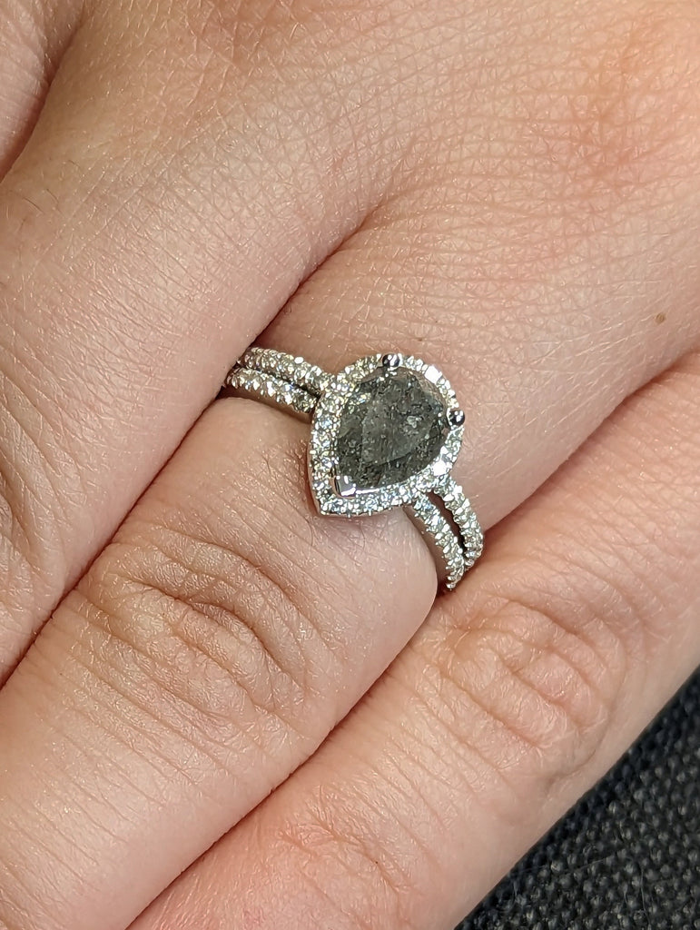 1920's Raw Salt and Pepper Diamond Halo, Pear Diamond Halo Ring, Unique Engagement Bridal Set, Black, Gray Pear, 18k White Gold, Eternity