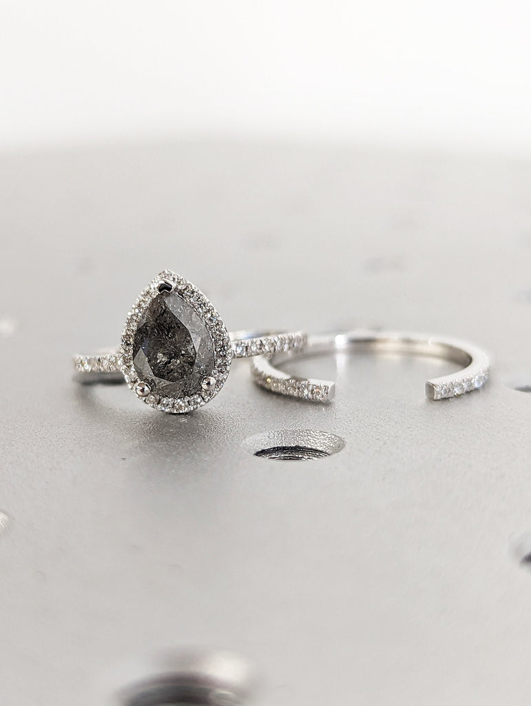 1920's Raw Salt and Pepper Diamond Halo, Pear Diamond Halo Ring, Unique Engagement Bridal Set, Black, Gray Pear, 18k White Gold, Eternity