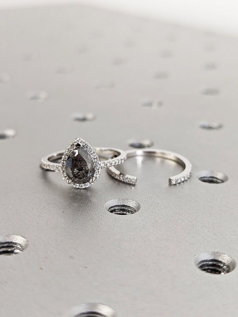 1920's Raw Salt and Pepper Diamond Halo, Pear Diamond Halo Ring, Unique Engagement Bridal Set, Black, Gray Pear, 18k White Gold, Eternity