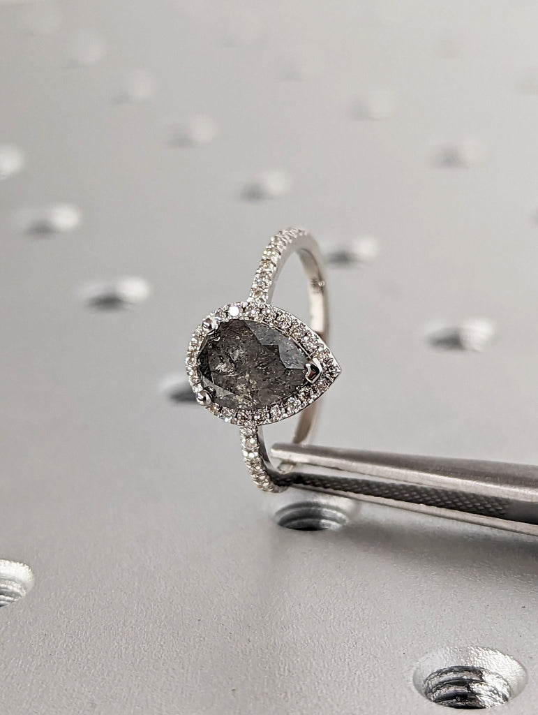 1920's Raw Salt and Pepper Diamond Halo, Pear Diamond Halo Ring, Unique Engagement Bridal Set, Black, Gray Pear, 18k White Gold, Eternity