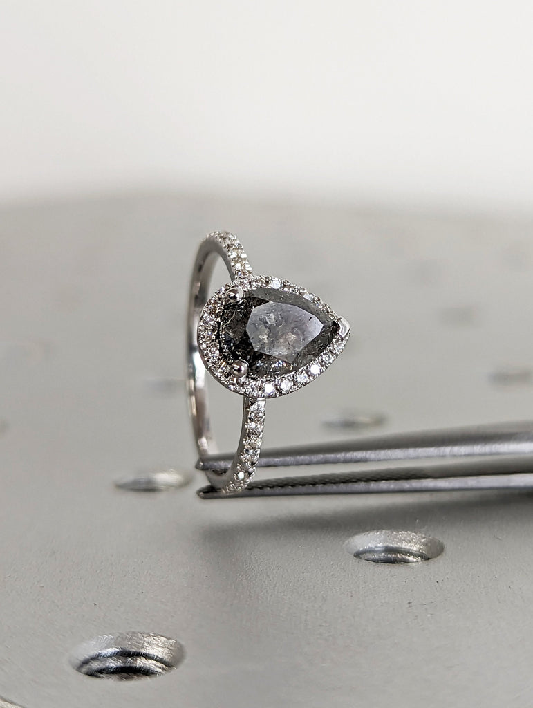 1920's Raw Salt and Pepper Diamond Halo, Pear Diamond Halo Ring, Unique Engagement Bridal Set, Black, Gray Pear, 18k White Gold, Eternity