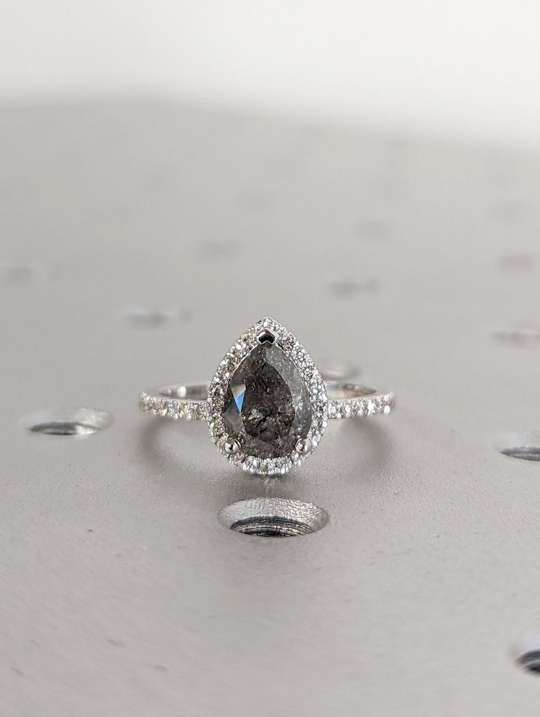 1920's Raw Salt and Pepper Diamond Halo, Pear Diamond Halo Ring, Unique Engagement Bridal Set, Black, Gray Pear, 18k White Gold, Eternity