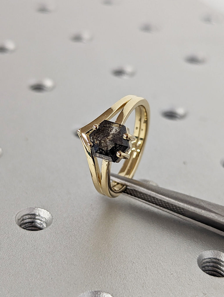 Raw Diamond, Salt and Pepper, Hexagon, Unique Engagement Ring, Rose Cut Geometric Diamond Ring, 14k Gold, Custom Handmade, Classic Solitaire