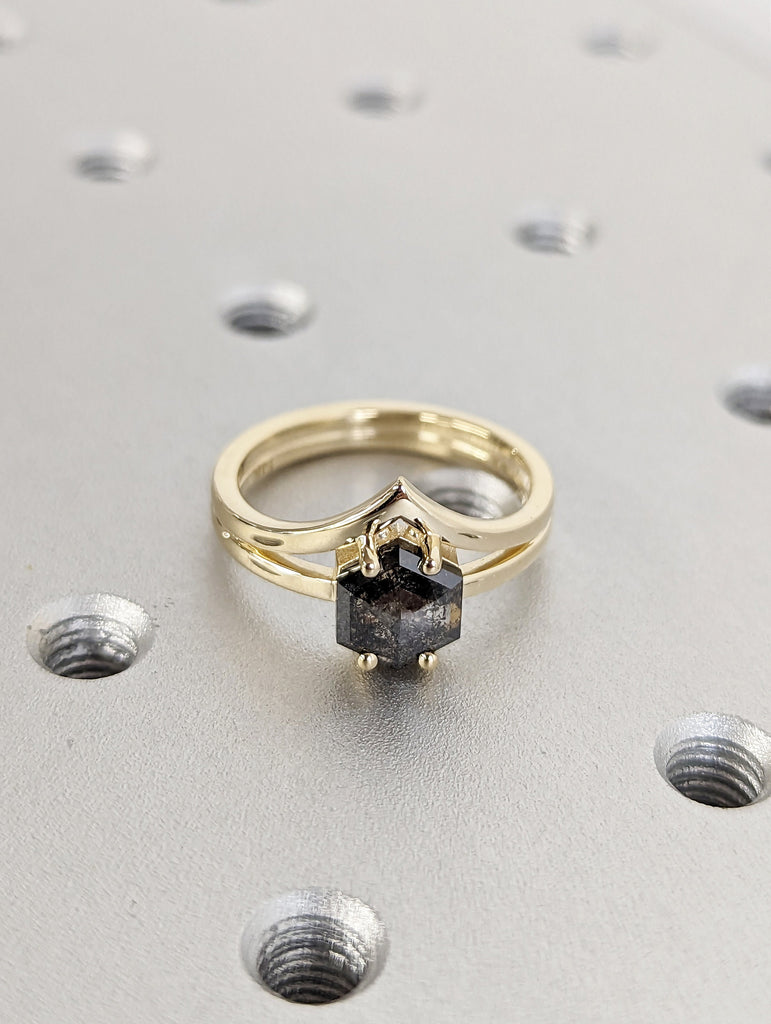 Raw Diamond, Salt and Pepper, Hexagon, Unique Engagement Ring, Rose Cut Geometric Diamond Ring, 14k Gold, Custom Handmade, Classic Solitaire