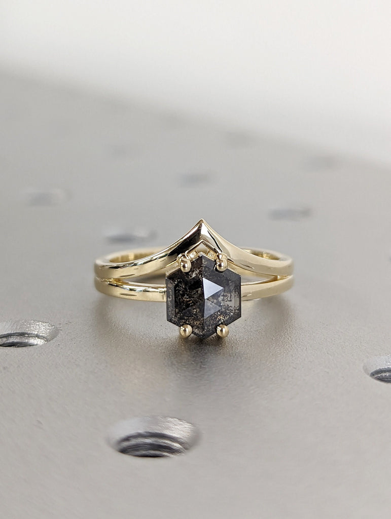 Raw Diamond, Salt and Pepper, Hexagon, Unique Engagement Ring, Rose Cut Geometric Diamond Ring, 14k Gold, Custom Handmade, Classic Solitaire