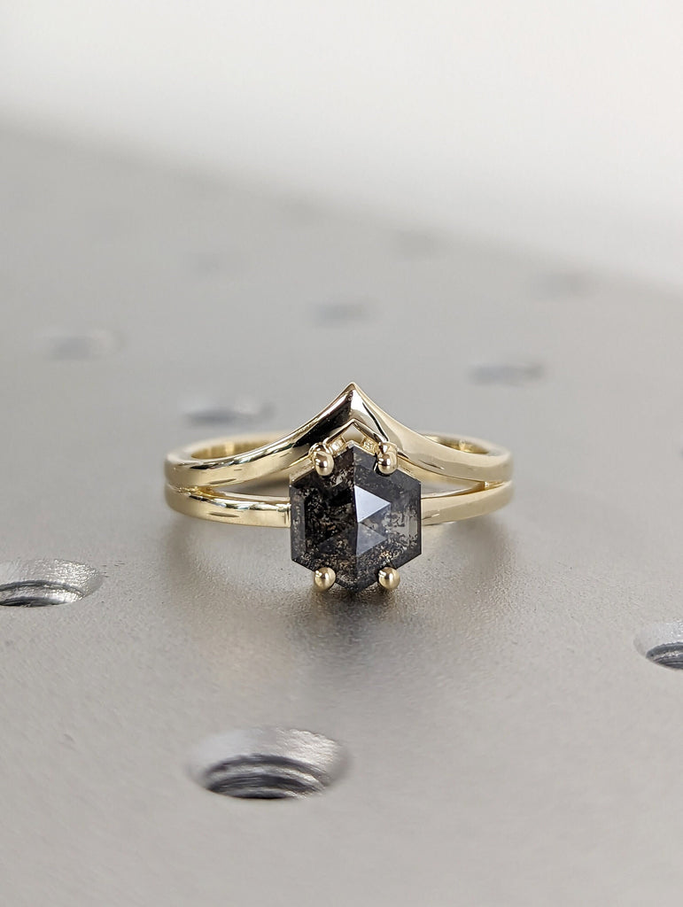 Raw Diamond, Salt and Pepper, Hexagon, Unique Engagement Ring, Rose Cut Geometric Diamond Ring, 14k Gold, Custom Handmade, Classic Solitaire