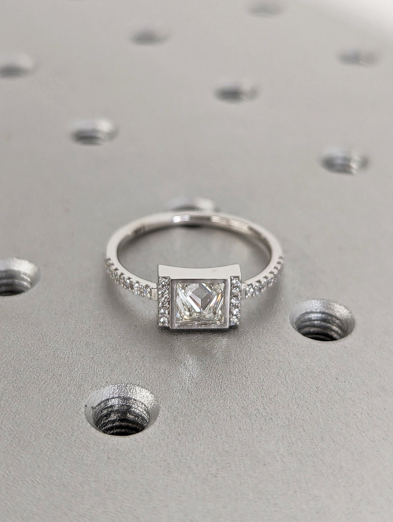 Princess cut moissanite engagement ring 14k solid white gold band Art deco wedding bridal ring Unique diamond ring Anniversary Gift for Her