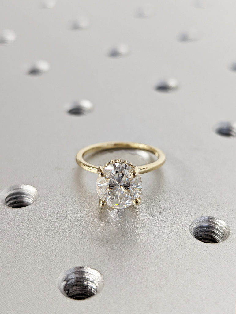 Unique Round Cut Hidden Halo Moissanite Engagement Ring/14K Yellow Solid Gold Promise Ring/Dainty Classic 4 Prongs/Personalized Gift