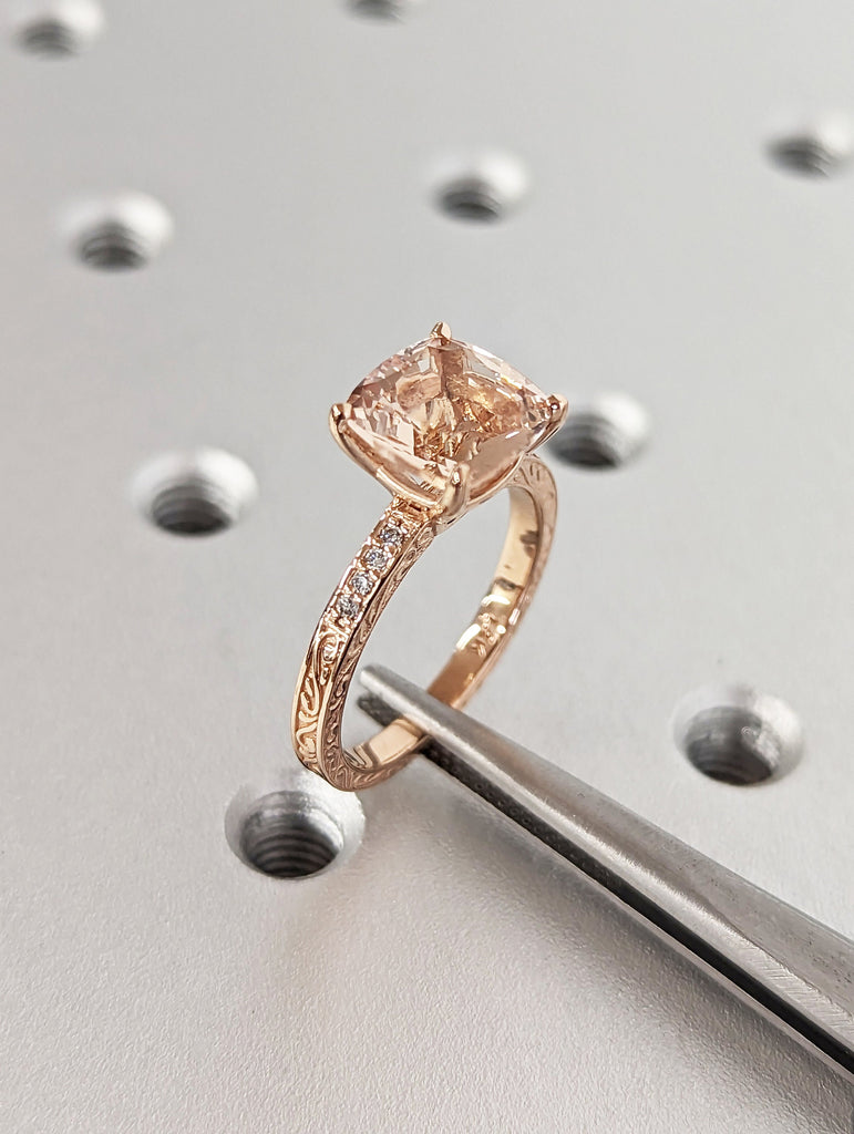 Cushion Cut Morganite Engagement Ring Set Rose Gold Pink Morganite Wedding Ring Set Diamond Filigree Carved Wedding Band Women Bridal Set