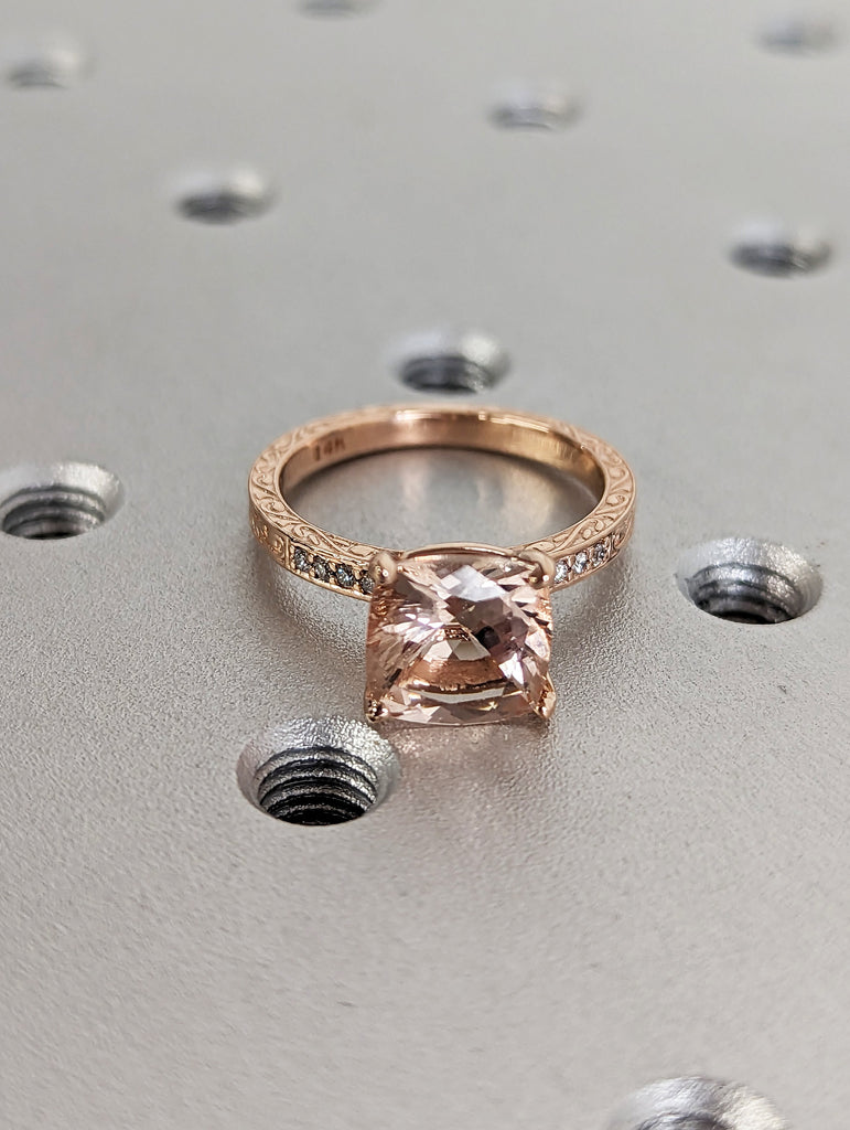 Cushion Cut Morganite Engagement Ring Set Rose Gold Pink Morganite Wedding Ring Set Diamond Filigree Carved Wedding Band Women Bridal Set