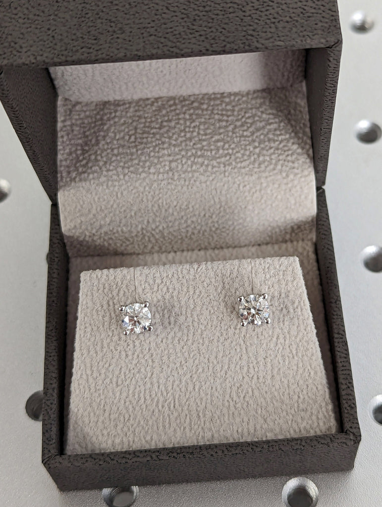 Diamond Stud Earrings, 0.75 Carat Man Made Diamond Simulant Studs, 14k White Solid Gold, Birthday Gift with Box, 4-Prong Diamond Solitaire