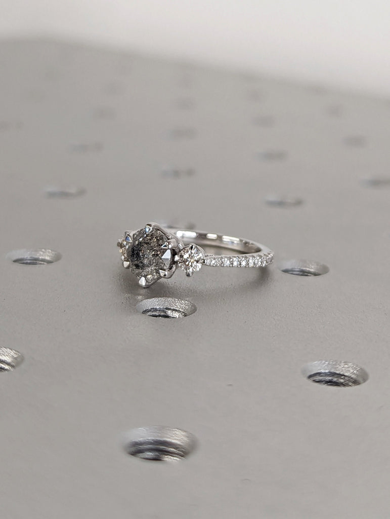 Vintage Salt and pepper diamond engagement ring white gold Unique Round Shaped ring moissanite diamond eternity bridal ring Anniversary ring image #4