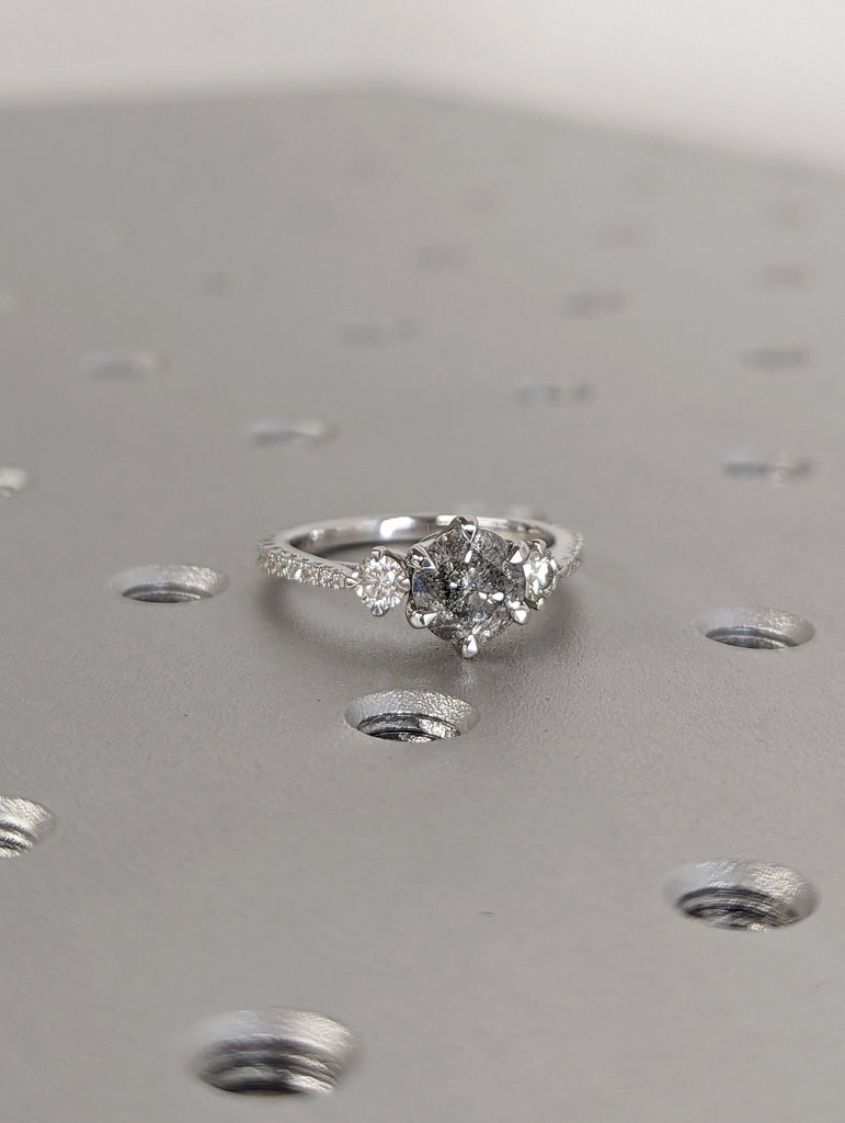 Vintage Salt and pepper diamond engagement ring white gold Unique Round Shaped ring moissanite diamond eternity bridal ring Anniversary ring