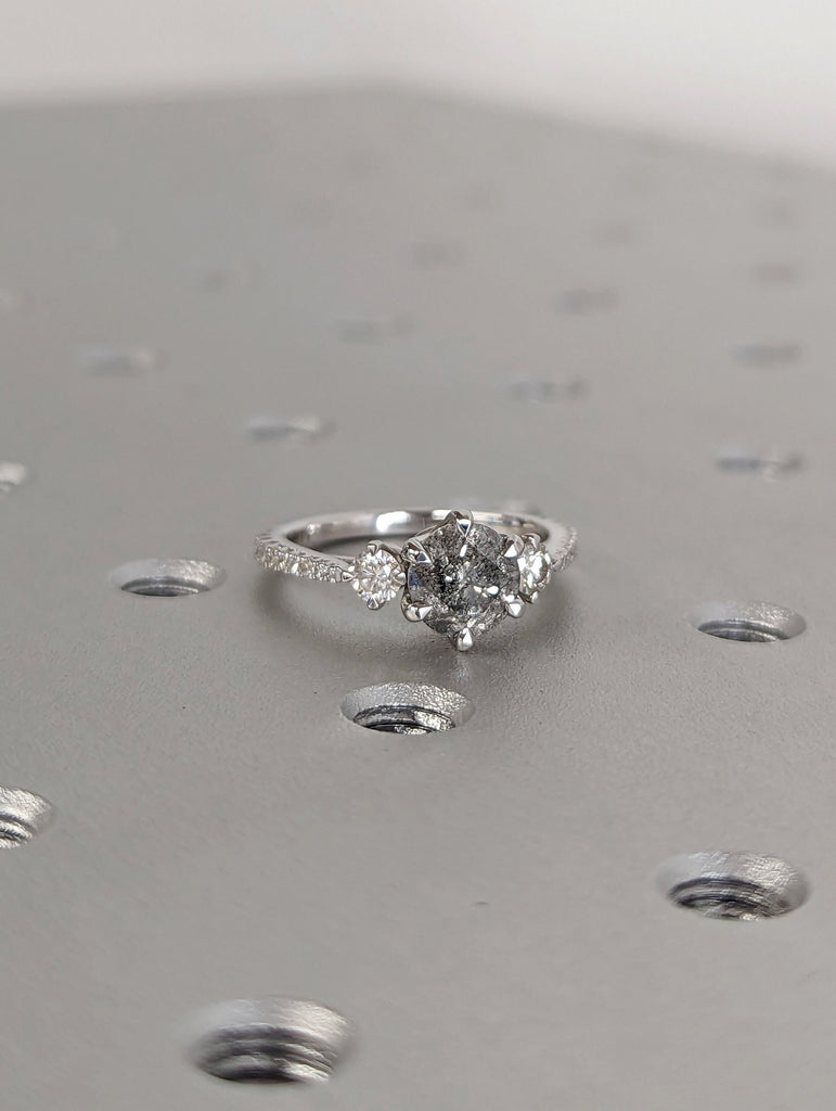 Vintage Salt and pepper diamond engagement ring white gold Unique Round Shaped ring moissanite diamond eternity bridal ring Anniversary ring image #5