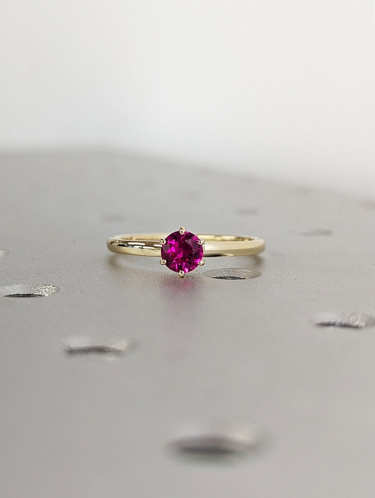 Round Ruby Ring 14K Solid Yellow Gold Gemstone Engagement Ring For Women Dainty Promise Ring July Birthstone Anniversary Gift For Her Unique