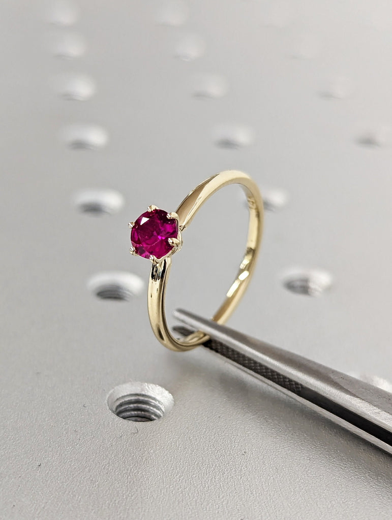 Round Ruby Ring 14K Solid Yellow Gold Gemstone Engagement Ring For Women Dainty Promise Ring July Birthstone Anniversary Gift For Her Unique