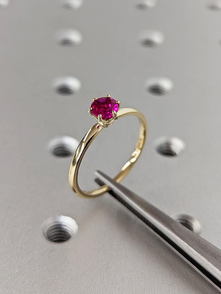 Round Ruby Ring 14K Solid Yellow Gold Gemstone Engagement Ring For Women Dainty Promise Ring July Birthstone Anniversary Gift For Her Unique