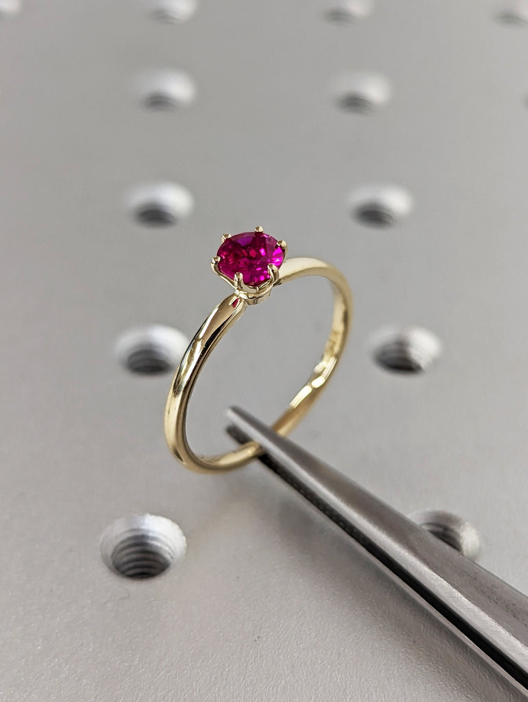 Round Ruby Ring 14K Solid Yellow Gold Gemstone Engagement Ring For Women Dainty Promise Ring July Birthstone Anniversary Gift For Her Unique