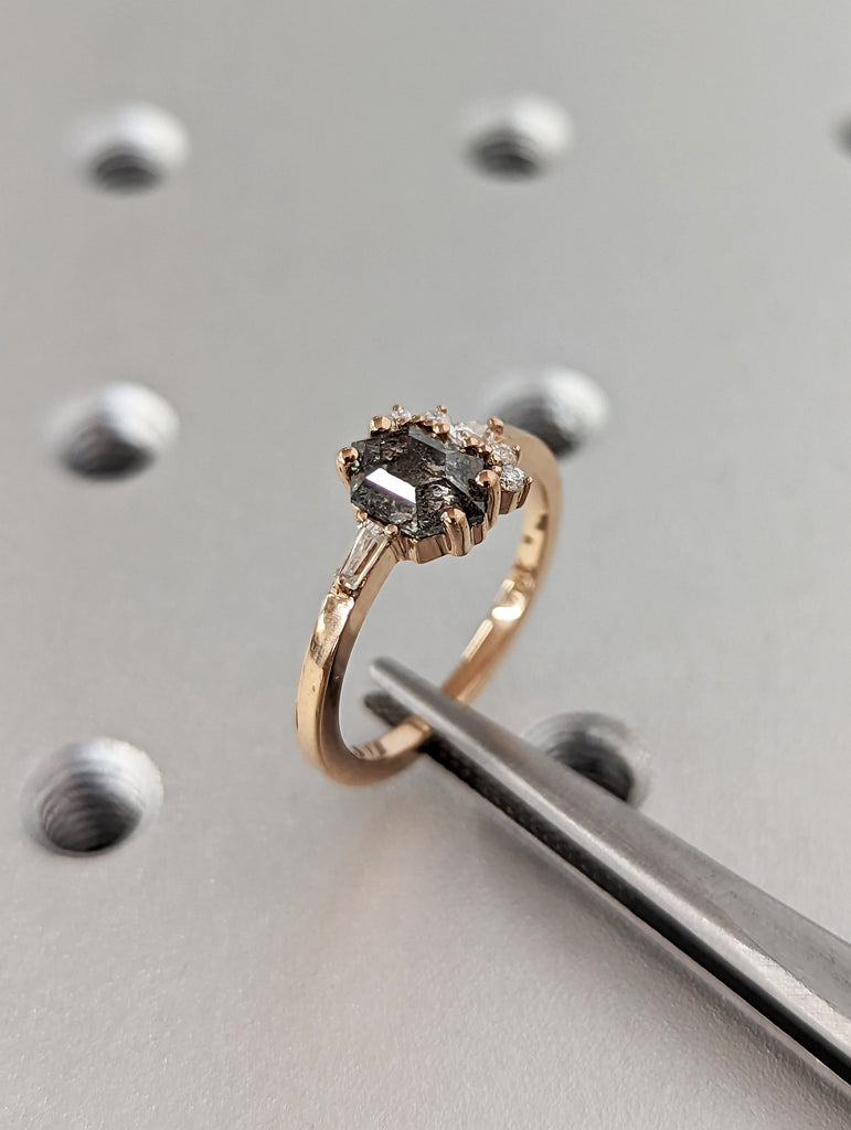 Hexagon Cut Grey Diamond cluster ring, Salt and Pepper Diamond Ring, Cluster engagement ring, Diamond cluster, Diamond ring, Engagement ring
