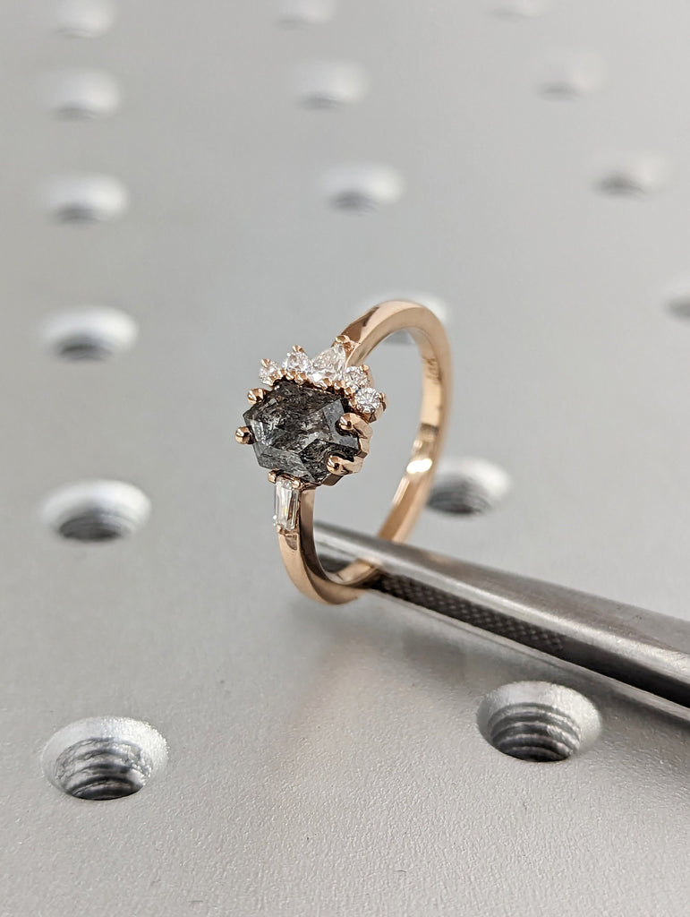 Hexagon Cut Grey Diamond cluster ring, Salt and Pepper Diamond Ring, Cluster engagement ring, Diamond cluster, Diamond ring, Engagement ring