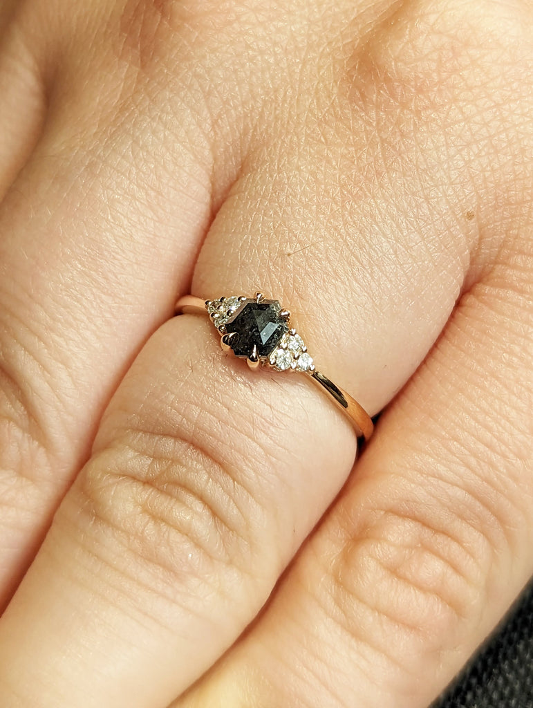 Vintage salt and pepper diamond engagement ring rose gold engagement ring diamond cluster ring wedding Bridal Anniversary Hexagon Cut