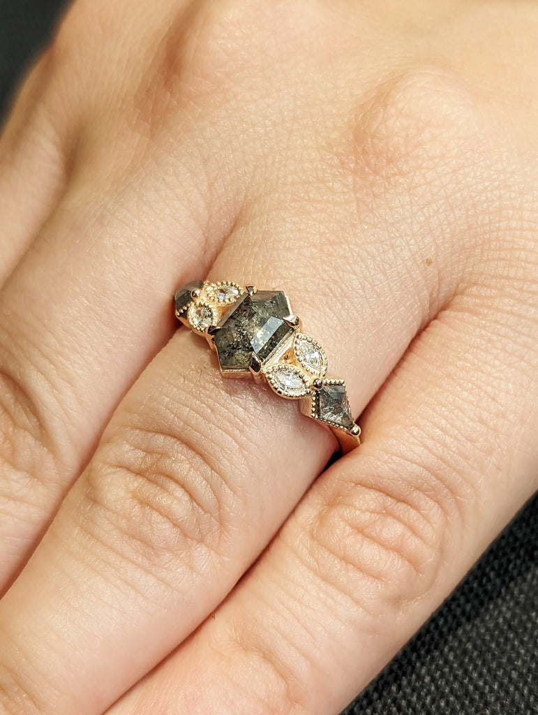 Galaxy Raw Salt and Pepper Diamond Ring- Hexagon Cut Diamond Engagement Rings- Unique Bridal Geometric Diamond Promise Ring Cluster Diamond