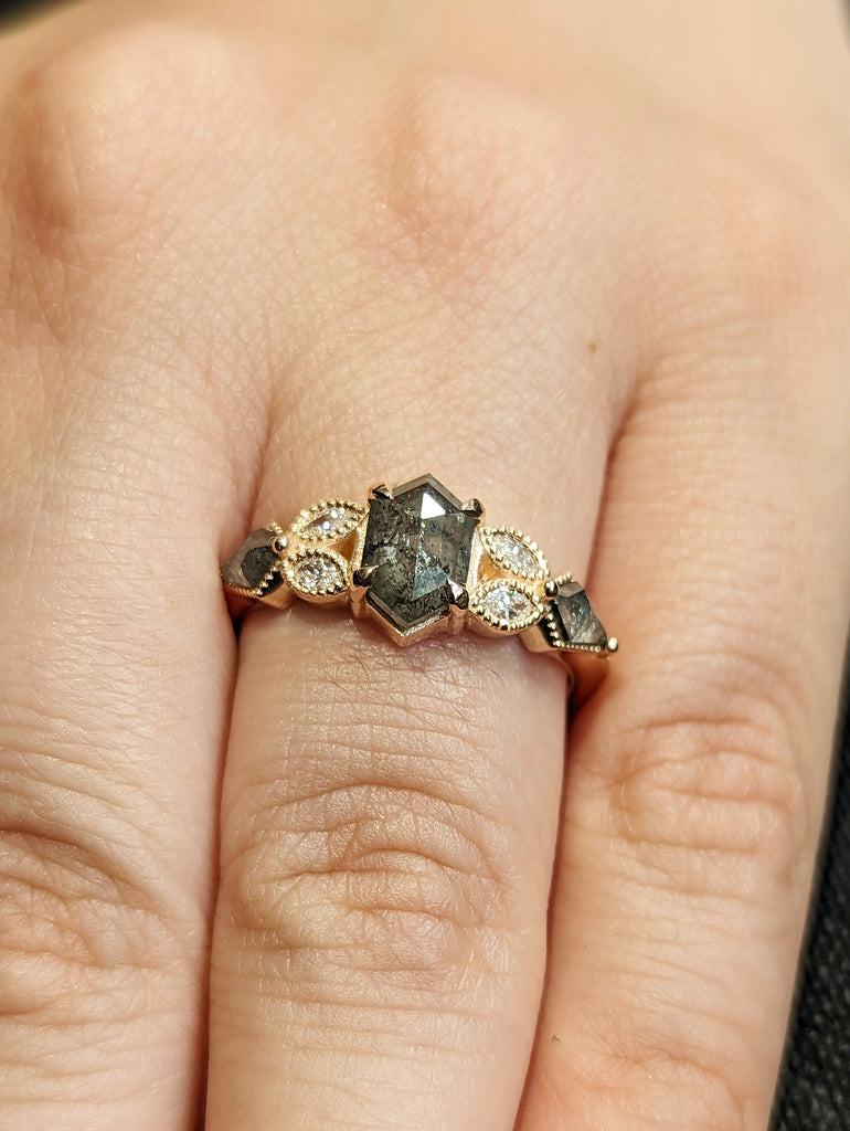 Galaxy Raw Salt and Pepper Diamond Ring- Hexagon Cut Diamond Engagement Rings- Unique Bridal Geometric Diamond Promise Ring Cluster Diamond