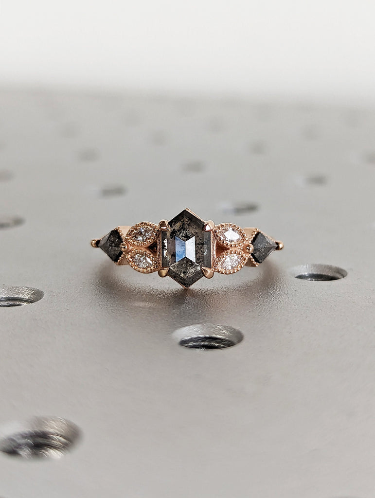 Galaxy Raw Salt and Pepper Diamond Ring- Hexagon Cut Diamond Engagement Rings- Unique Bridal Geometric Diamond Promise Ring Cluster Diamond