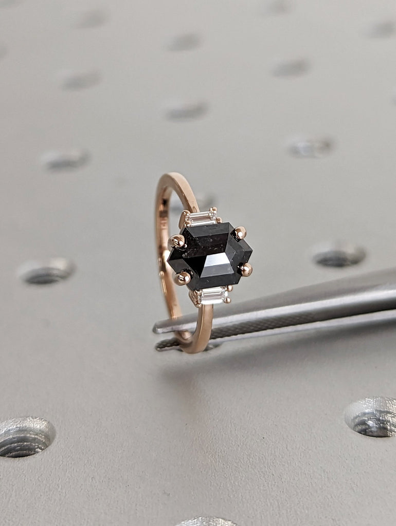 Raw Diamond Hexagon Baguette Diamond, Salt and Pepper, Unique Engagement Ring, Geometric Diamond Ring, 14k Solid Rose Gold, Custom Handmade