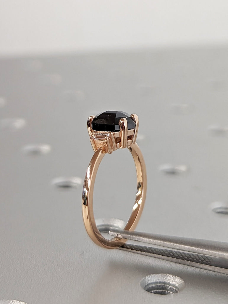 Raw Diamond Hexagon Baguette Diamond, Salt and Pepper, Unique Engagement Ring, Geometric Diamond Ring, 14k Solid Rose Gold, Custom Handmade