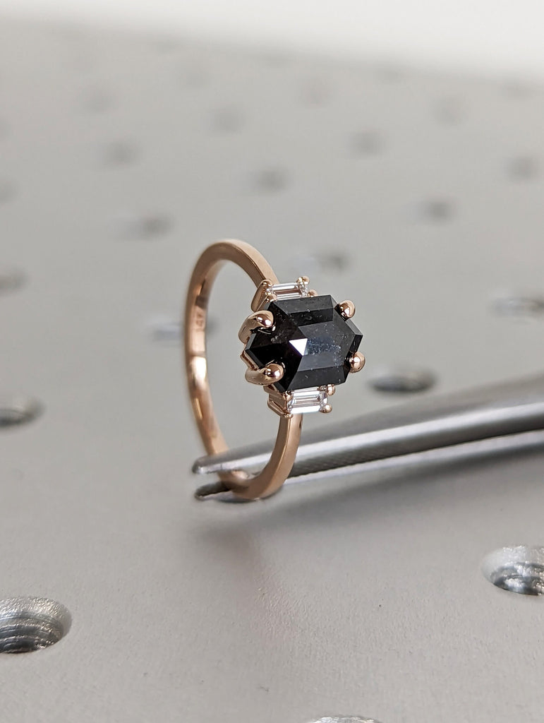 Raw Diamond Hexagon Baguette Diamond, Salt and Pepper, Unique Engagement Ring, Geometric Diamond Ring, 14k Solid Rose Gold, Custom Handmade