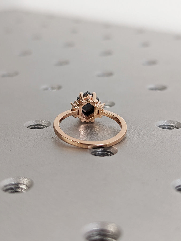 Raw Diamond Hexagon Baguette Diamond, Salt and Pepper, Unique Engagement Ring, Geometric Diamond Ring, 14k Solid Rose Gold, Custom Handmade