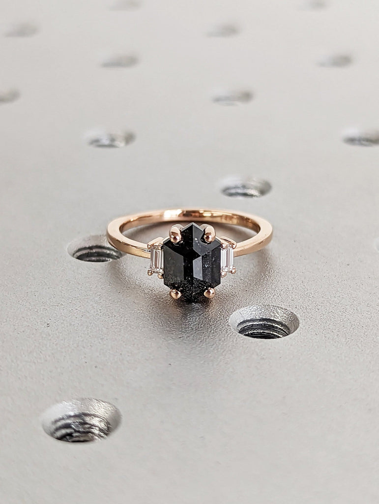 Raw Diamond Hexagon Baguette Diamond, Salt and Pepper, Unique Engagement Ring, Geometric Diamond Ring, 14k Solid Rose Gold, Custom Handmade