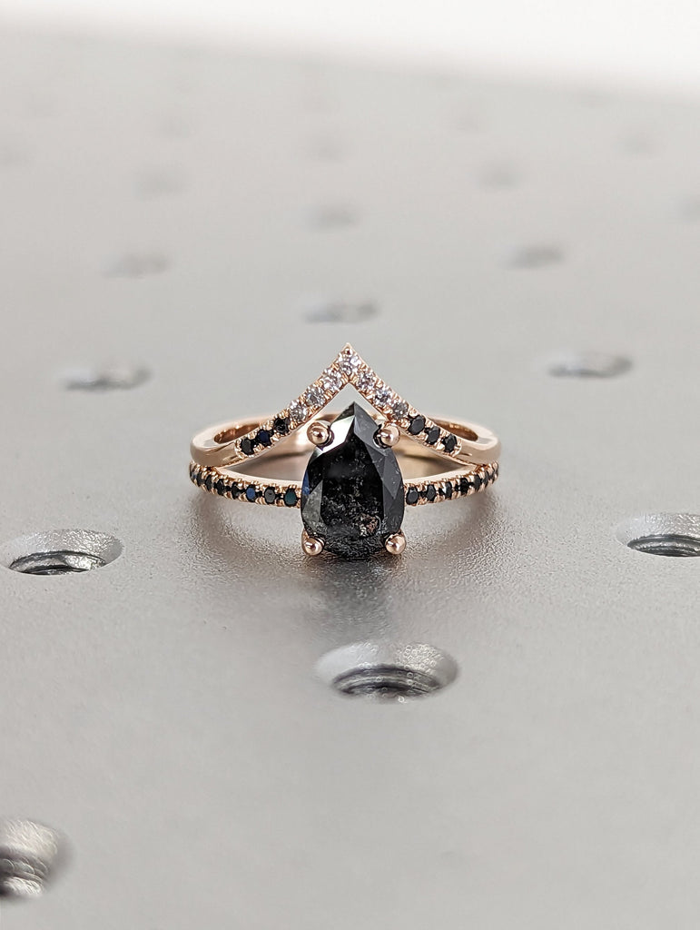 1.25 Carat 1920's Raw Salt and Pepper Diamond, Pear Diamond Ring, Unique Engagement Bridal Set, Black, Gray Pear 14k Yellow, Rose White Gold