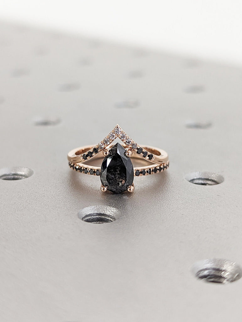 1.25 Carat 1920's Raw Salt and Pepper Diamond, Pear Diamond Ring, Unique Engagement Bridal Set, Black, Gray Pear 14k Yellow, Rose White Gold