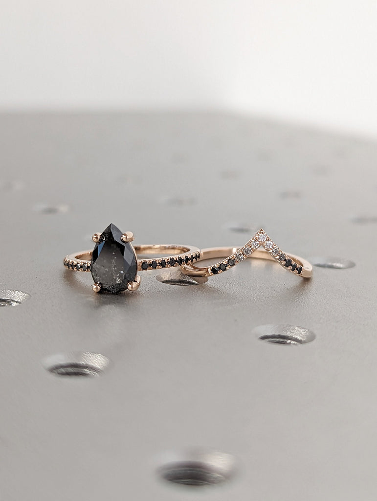 1.25 Carat 1920's Raw Salt and Pepper Diamond, Pear Diamond Ring, Unique Engagement Bridal Set, Black, Gray Pear 14k Yellow, Rose White Gold