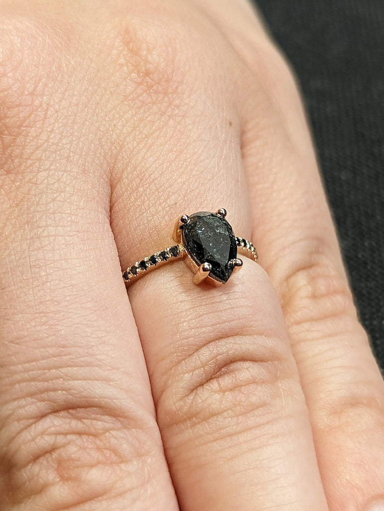 1.25 Carat 1920's Raw Salt and Pepper Diamond, Pear Diamond Ring, Unique Engagement Bridal Set, Black, Gray Pear 14k Yellow, Rose White Gold