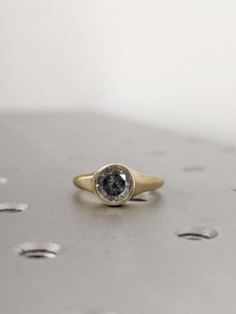 Round Diamond Bezel Solitaire Ring Brilliant Cut Galaxy Salt And Pepper Diamond Engagement Ring Dainty Promise Ring Solitaire Bezel Ring