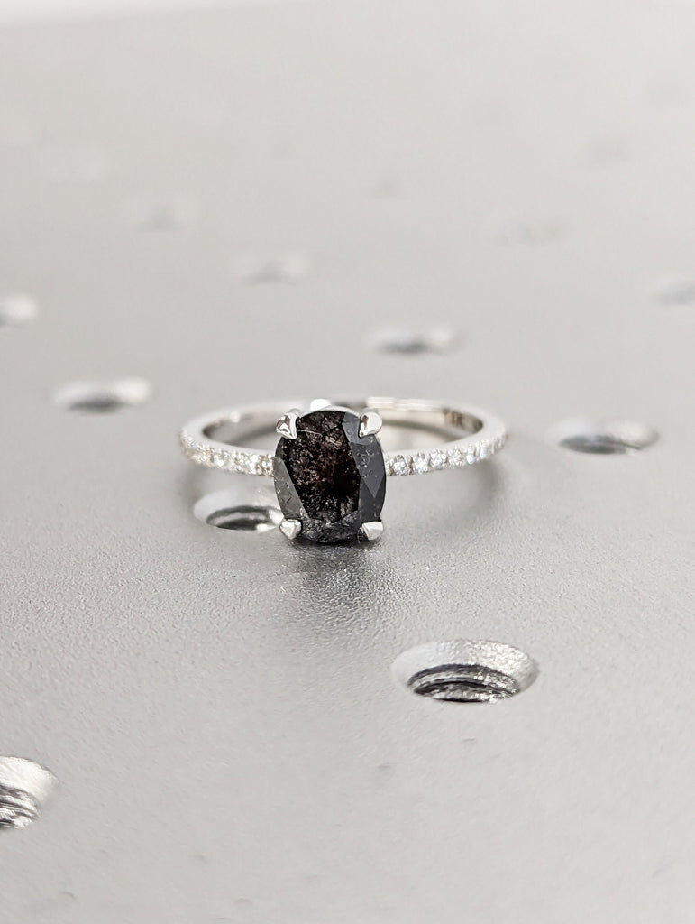 1920's Raw Salt and Pepper Diamond, Oval Diamond Ring, Unique Engagement Bridal Set, Black, Gray Oval, 14k Yellow, Rose, Black or White Gold