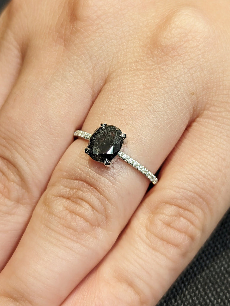 1920's Raw Salt and Pepper Diamond, Oval Diamond Ring, Unique Engagement Bridal Set, Black, Gray Oval, 14k Yellow, Rose, Black or White Gold