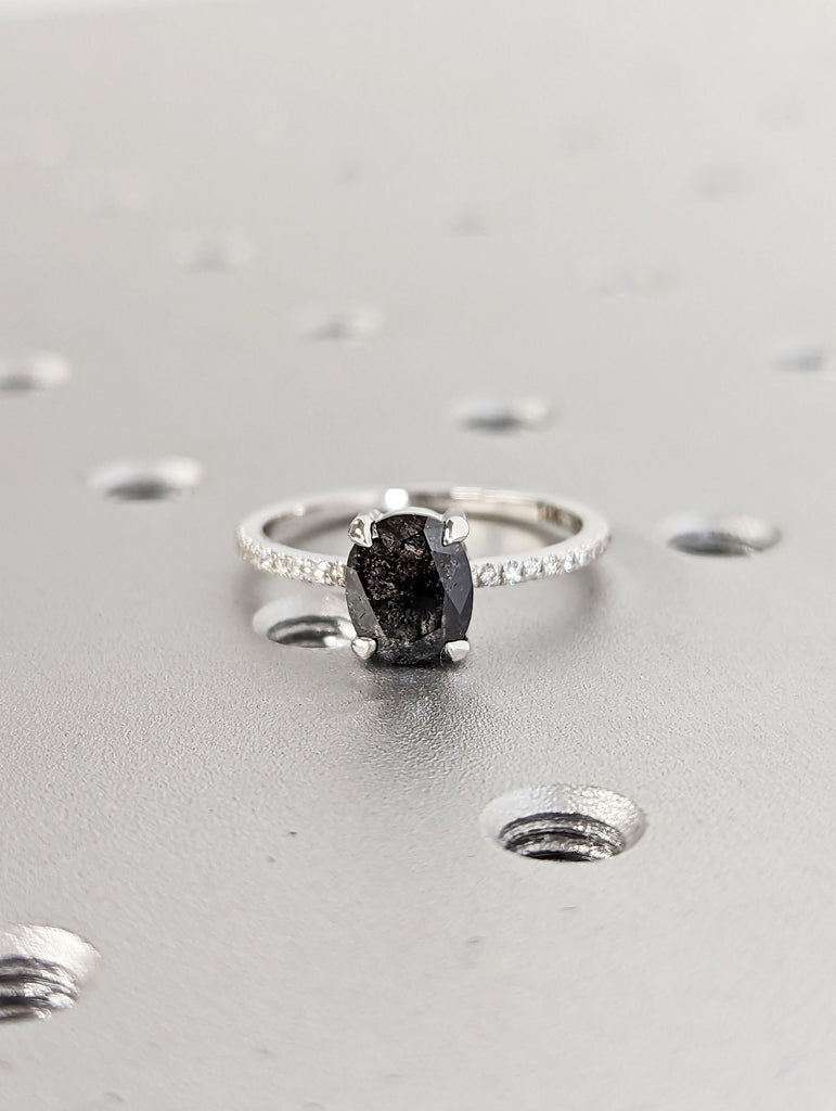 1920's Raw Salt and Pepper Diamond, Oval Diamond Ring, Unique Engagement Bridal Set, Black, Gray Oval, 14k Yellow, Rose, Black or White Gold