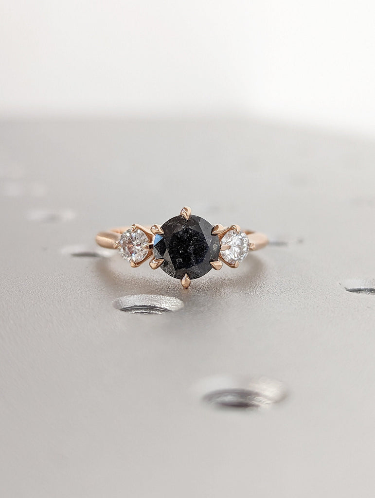 1.5 Carat 1920's Raw Salt and Pepper Diamond, Round Diamond Ring, Unique Engagement Bridal, Black, Gray Pear, 14k Yellow, Rose White Gold