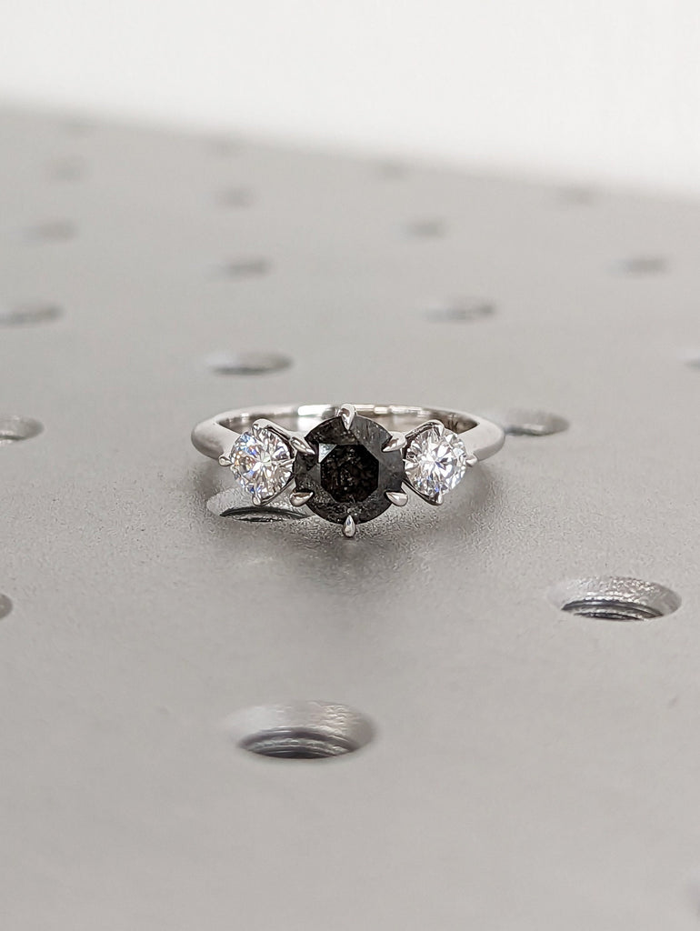 1 Carat 1920's Raw Salt and Pepper Diamond, Round Diamond Ring, Unique Engagement Bridal, Black, Gray Pear, 14k Yellow Rose White Black Gold