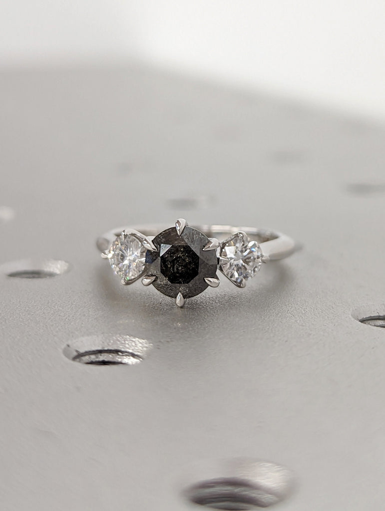 1 Carat 1920's Raw Salt and Pepper Diamond, Round Diamond Ring, Unique Engagement Bridal, Black, Gray Pear, 14k Yellow Rose White Black Gold