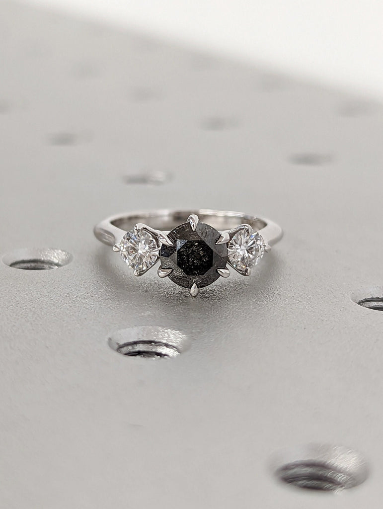 1 Carat 1920's Raw Salt and Pepper Diamond, Round Diamond Ring, Unique Engagement Bridal, Black, Gray Pear, 14k Yellow Rose White Black Gold