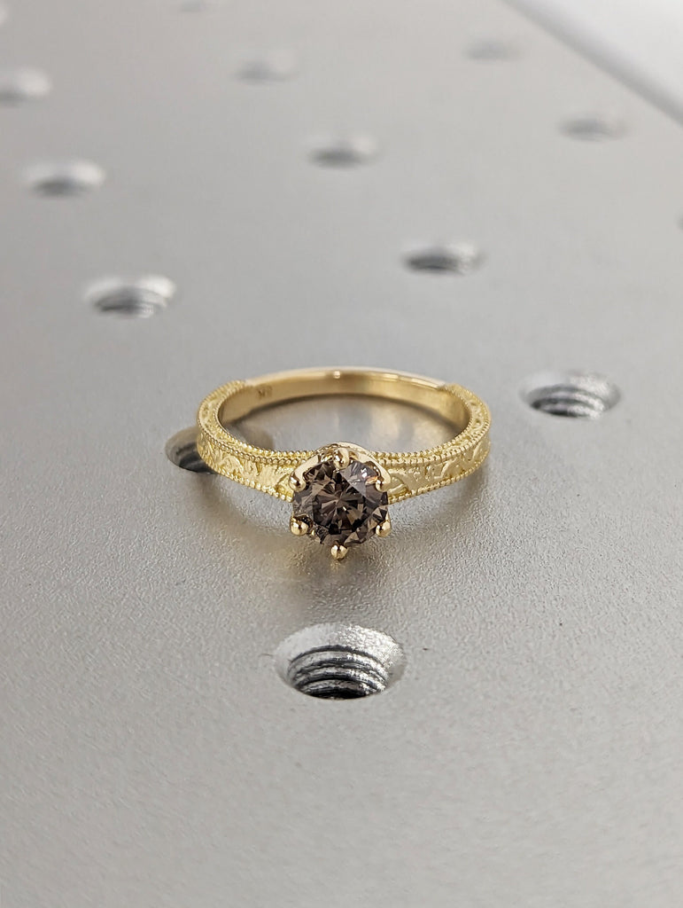 Champagne Diamond Engagement Ring, Champagne Diamond Gold Ring, Solitaire Diamond Ring, Alternative Engagement Ring, Vintage Engagement Ring