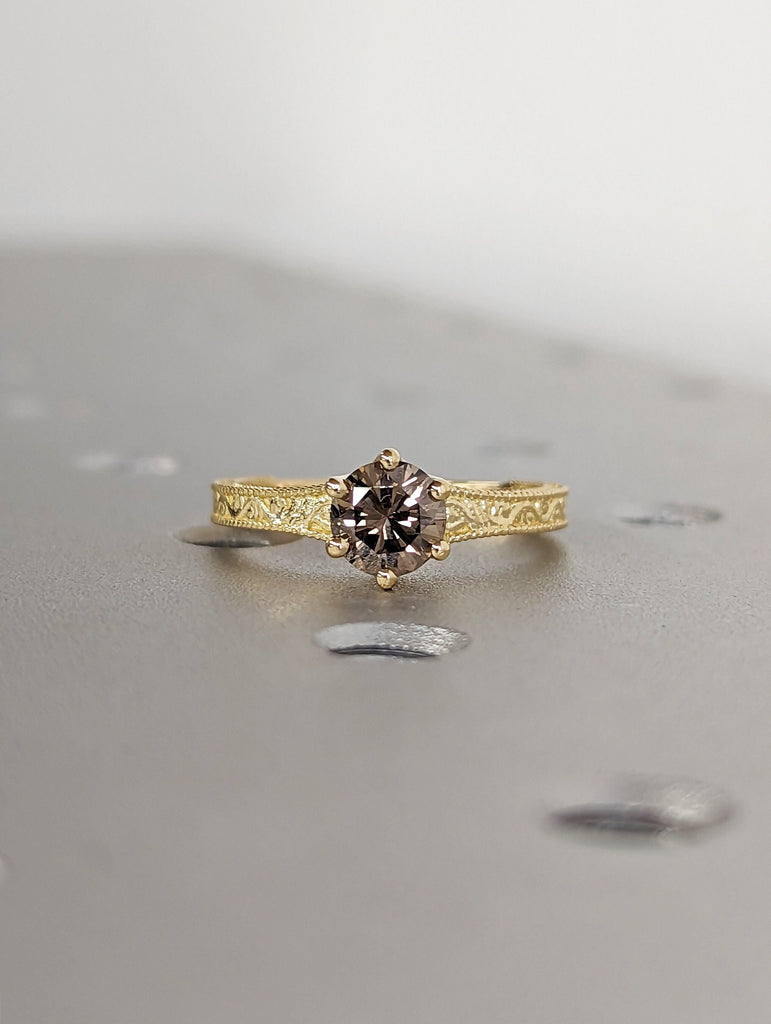 Champagne Diamond Engagement Ring, Champagne Diamond Gold Ring, Solitaire Diamond Ring, Alternative Engagement Ring, Vintage Engagement Ring