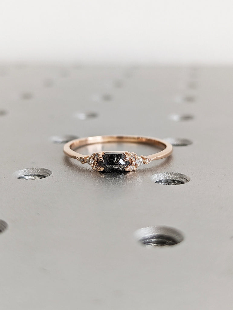 Hexagon Salt and Pepper Diamond Wedding Ring, Unique Diamond Wedding Band, Wedding Engagement Ring, Minimalist Diamond Ring, Cluster Diamond