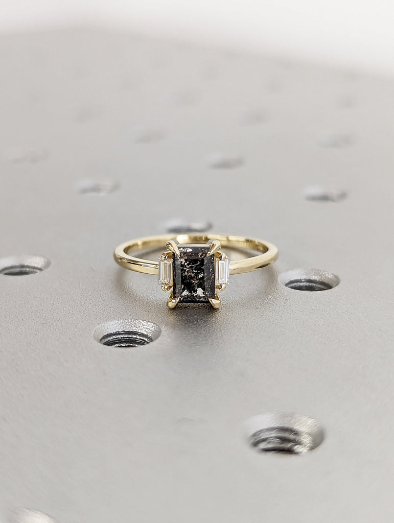 Galaxy Raw Salt and Pepper Diamond Ring- Baguette Cut Diamond Engagement Ring- Unique Bridal Geometric Diamond- Promise Ring- Vintage Ring